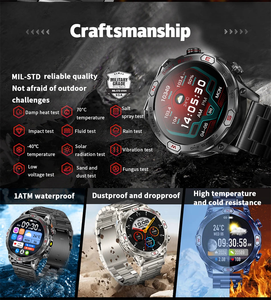 1 ATM Waterproof Smart Sport Watch Men With 450MAh Battery Health Monitoring Bluetooth Call Outdoor Compass Military Smart Watch