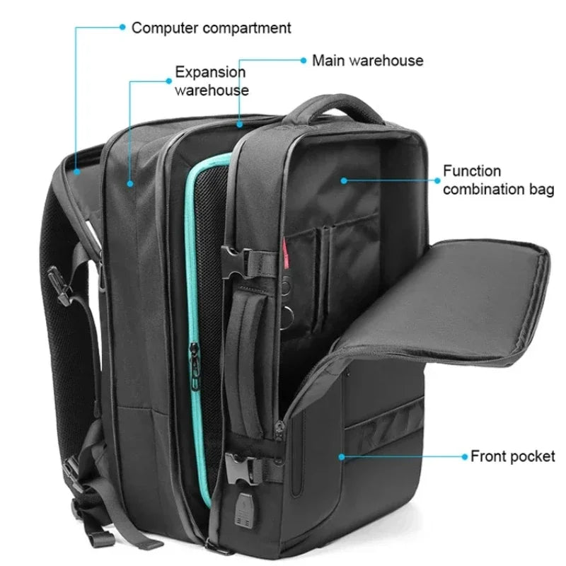 60L Airback Vacuum Compression Backpack with Wheels Expandable Men Waterproof Carry On Travel Backpacks 17 inch Laptop Backpack