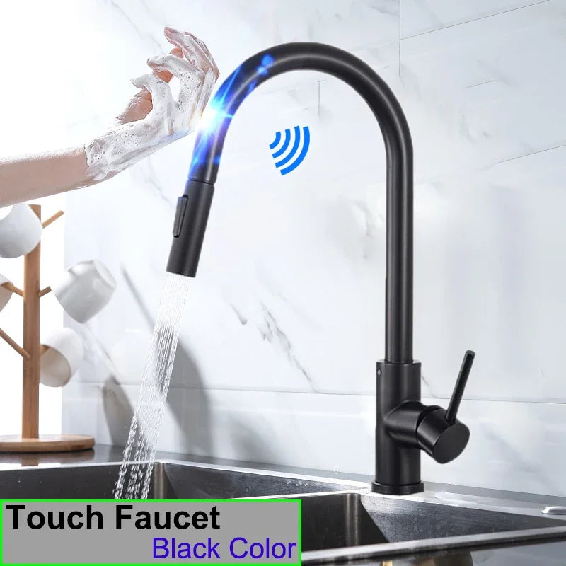 Brushed Nickel Touch on Filter Kitchen Faucet with Pull Down Sprayer Hot Cold Kitchen Sink Mixer Tap Sensor Touch Kitchen Faucet