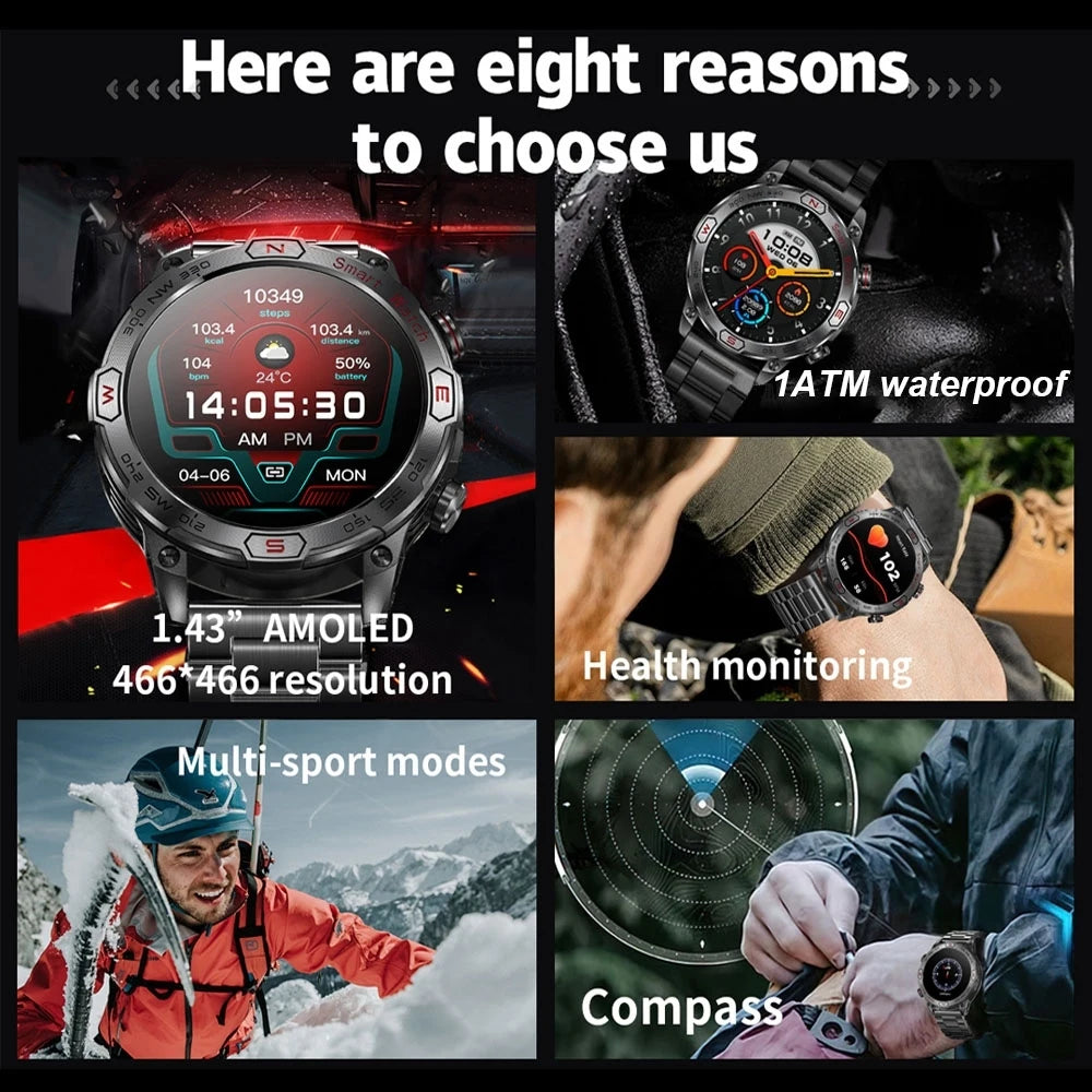 1 ATM Waterproof Smart Sport Watch Men With 450MAh Battery Health Monitoring Bluetooth Call Outdoor Compass Military Smart Watch