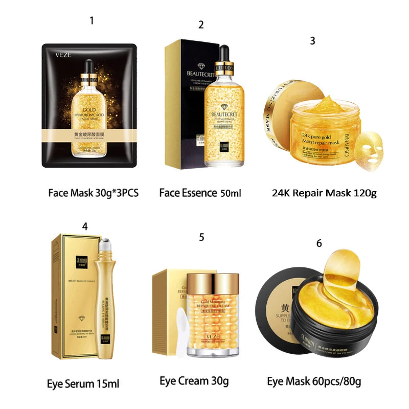 24K Gold Skincare Set Nicotinamide Face Essence Fade Dark Eye Circles Collagen Eye Cream Firming Skin Eye Mask Face Care Kit