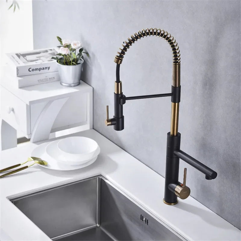 Brushed Gold Kitchen Faucets Pull Down Sink Faucet Pull Out Black Spring Spout Mixers Tap Hot Cold Water Crane