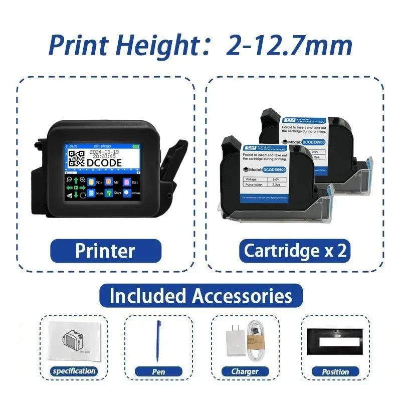 DCODE XMINI 12.7mm Portable Mini Printer Handheld Inkjet Printer Text QR Barcode Image Batch Number Logo Image Coding Machine