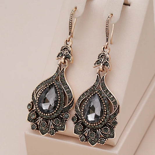 Kinel 2023 New Luxury Gray Crystal Bridal Earrings For Women Antique Gold Color Beach Party Drop Earrings Vintage Jewelry