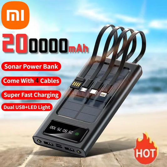 Xiaomi 200000mAh Solar Power Bank Large Capacity Mobile Power Fast Charging Battery With Dual USB 4 Cables For iPhone Samsung