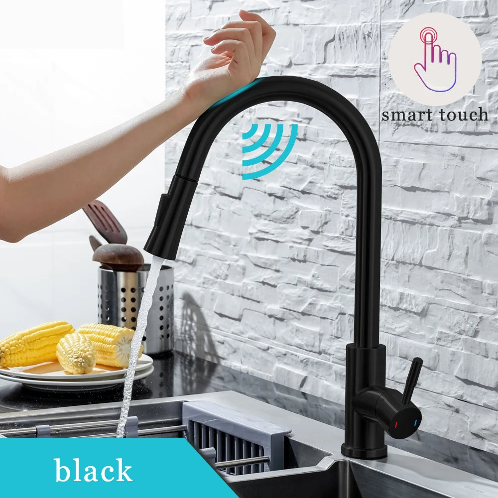 DQOK Kitchen Faucet Pull Out  Brushed Nickle Sensor Stainless Steel Black Smart Induction Mixed Tap Touch Control Sink Tap