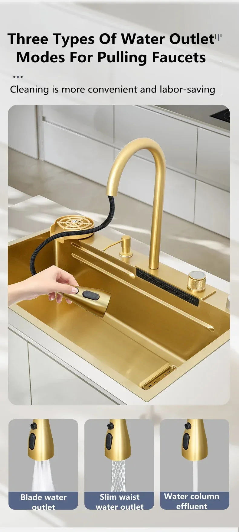 Gold 304 Stainless Steel kitchen Waterfall Sink,Washing Basin,Large Single Slot Sink Crockery Drainer Gourmet Faucet kitchen