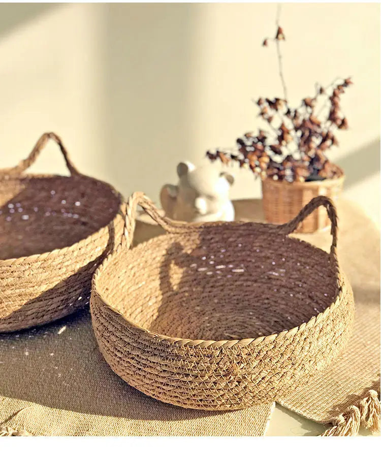 OUZEY Rattan Weaving Cat Basket Pet Cat Bed With Cushion Soft Warm Puppy Kitten Bed Donut Round Comfortable Sleeping Cat House