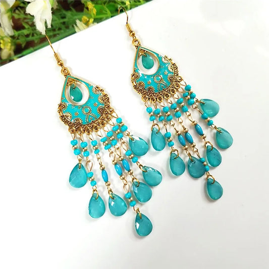 Bohemian Long Acrylic Waterdrop Tassel Earrings for Women Ethnic Multicolor Bead Drop Oil Handmade Dangle Earrings Boho Jewelry