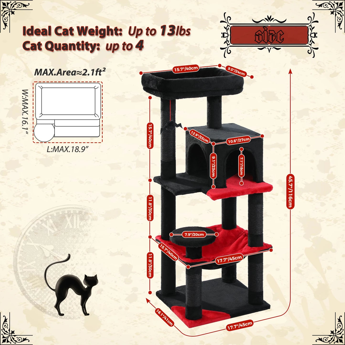 116cm 4-Tier Gothic Cat Tree Tower for Indoor Cats with Sturdy Metal Frame, Hammock, Condo, Perch, and 4 Sisal Posts in Black