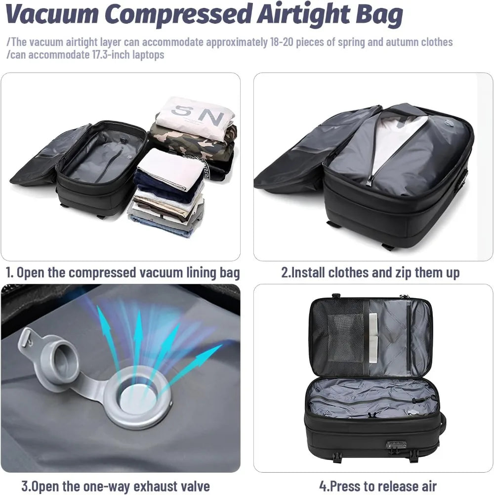 60L Airback Vacuum Compression Backpack with Wheels Expandable Men Waterproof Carry On Travel Backpacks 17 inch Laptop Backpack