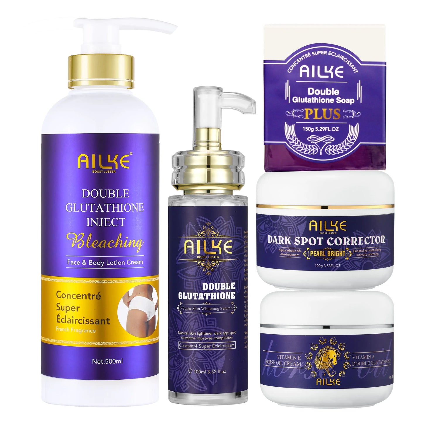 AILKE Glutathione 5-in-1 Women Skin Care Kit, With Body Lotion,  Serum, Dark Spot Removal Cream, Body Cream, Brightening Soap