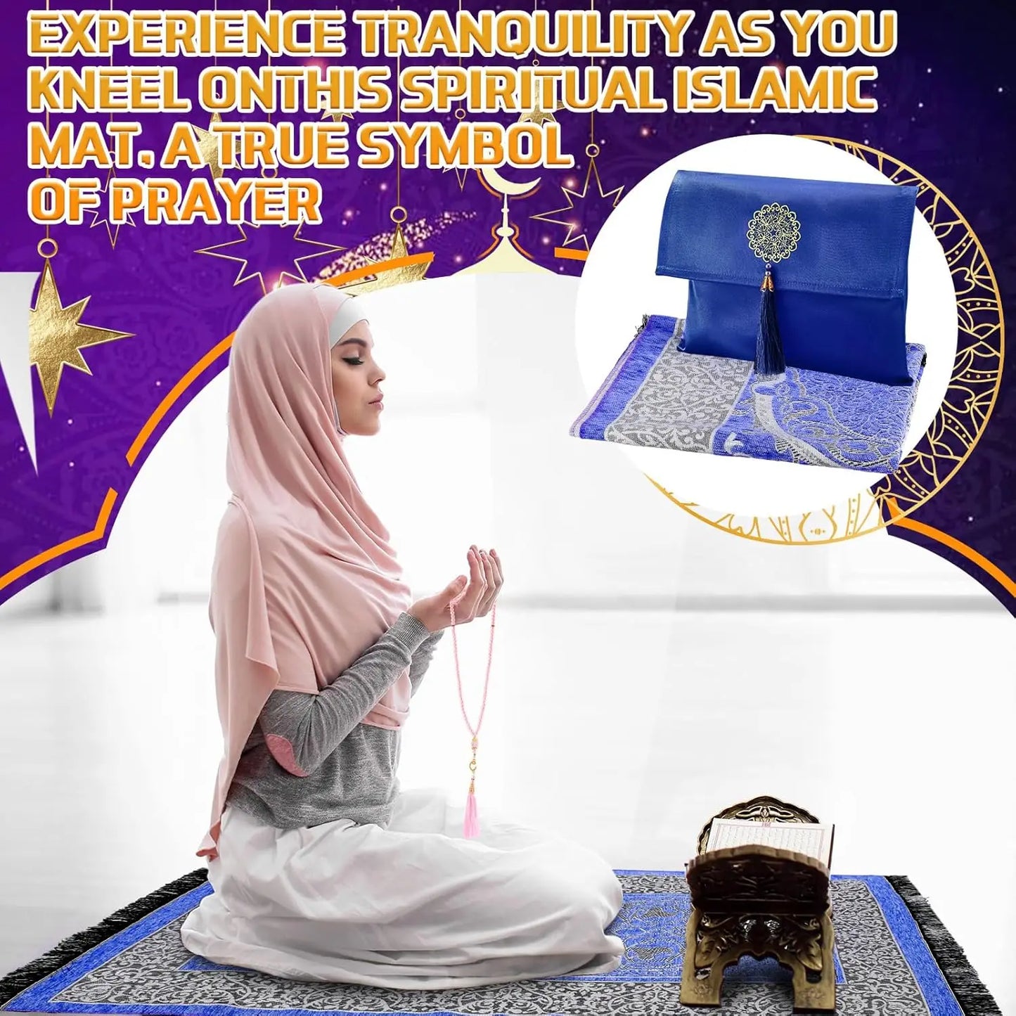 Muslim Prayer Rug, Portable Prayer Mat Prayer Beads Set with Satin Pouch, Travel Prayer Mat Ramadan Gift, Islamic Gift