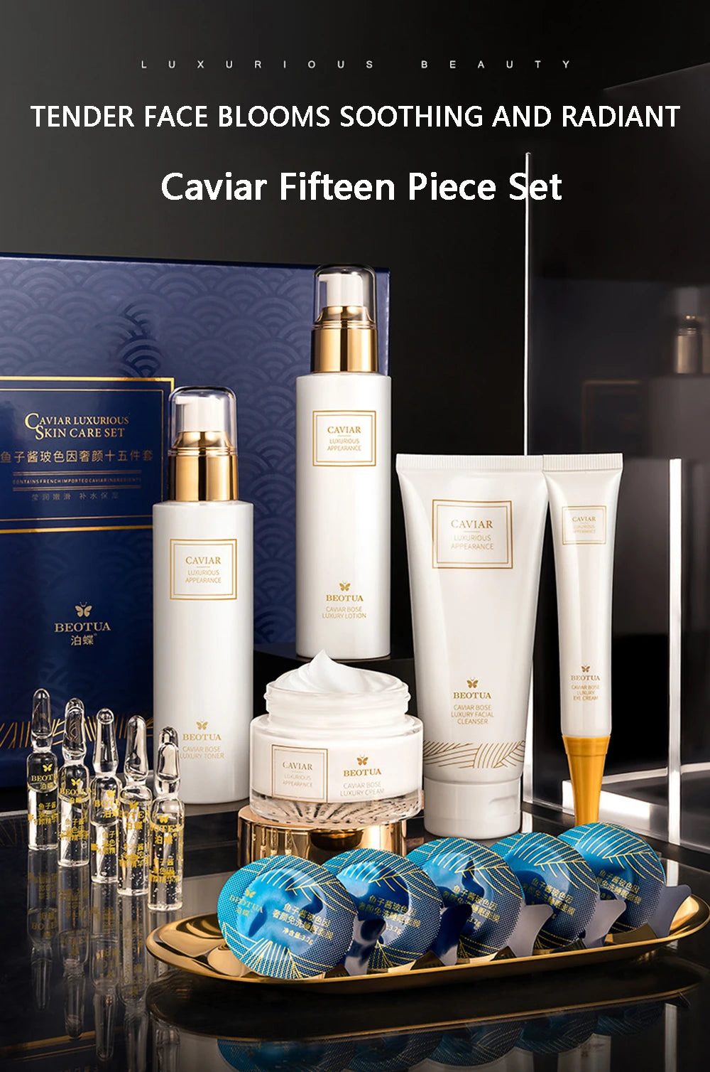 15Pcs Facial Skin Care Set Caviar Essence Moisturizing Whitening Anti Aging Beauty Health Korean Cosmetics Skincare Kit