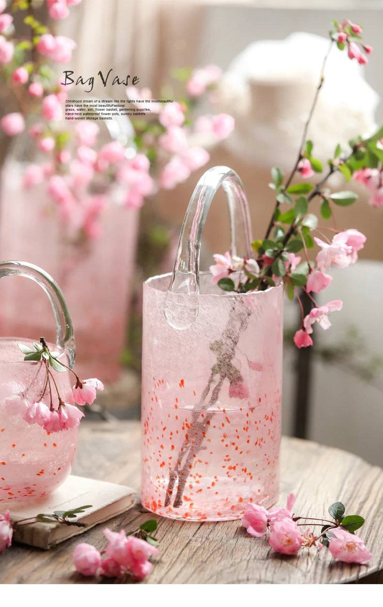 Pink Pail Glass Handbag Home Decor Flower Vase Decoration Piece Creative Internet Celebrity INS Wind Hydroponic Vase Retro