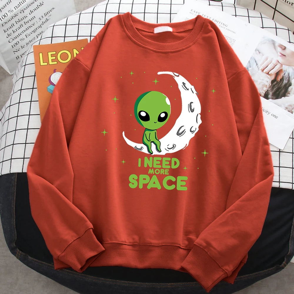 Casual Kawaii Women Sweatshirts I Need More Space Green Alien Print Hoodie Loose Warm Pullover Soft Fleece Ladies Streetwear