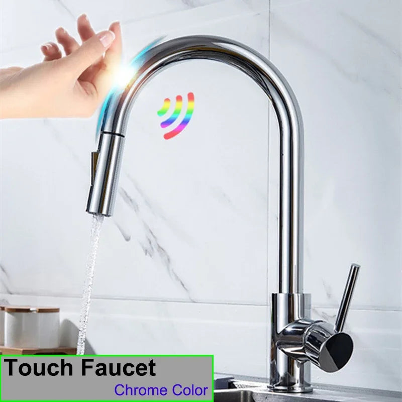 Brushed Nickel Touch on Filter Kitchen Faucet with Pull Down Sprayer Hot Cold Kitchen Sink Mixer Tap Sensor Touch Kitchen Faucet