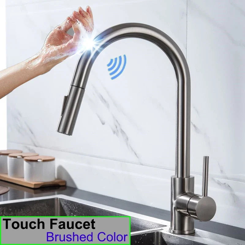 Brushed Nickel Touch on Filter Kitchen Faucet with Pull Down Sprayer Hot Cold Kitchen Sink Mixer Tap Sensor Touch Kitchen Faucet