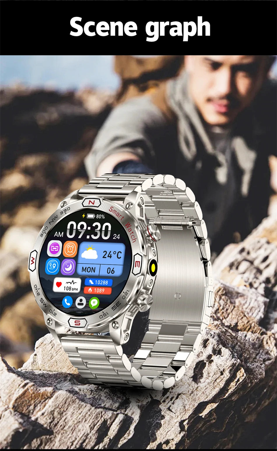 1 ATM Waterproof Smart Sport Watch Men With 450MAh Battery Health Monitoring Bluetooth Call Outdoor Compass Military Smart Watch