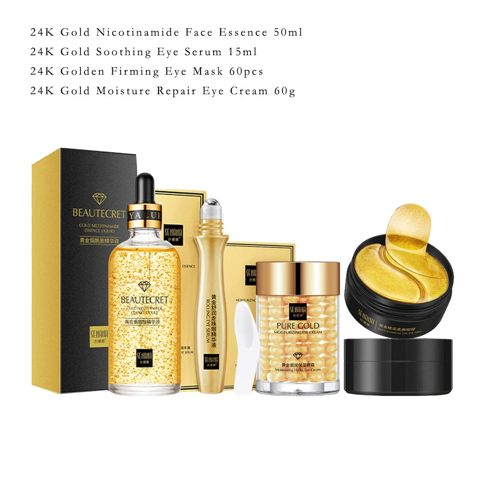 24K Gold Skincare Set Nicotinamide Face Essence Fade Dark Eye Circles Collagen Eye Cream Firming Skin Eye Mask Face Care Kit