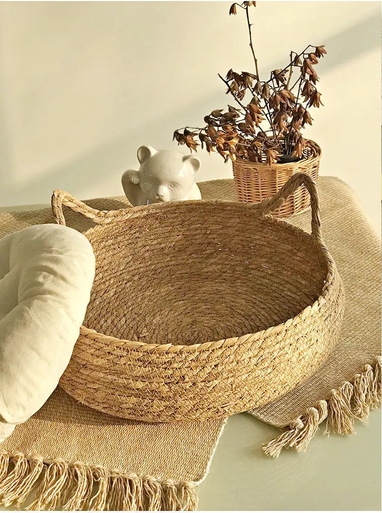 OUZEY Rattan Weaving Cat Basket Pet Cat Bed With Cushion Soft Warm Puppy Kitten Bed Donut Round Comfortable Sleeping Cat House