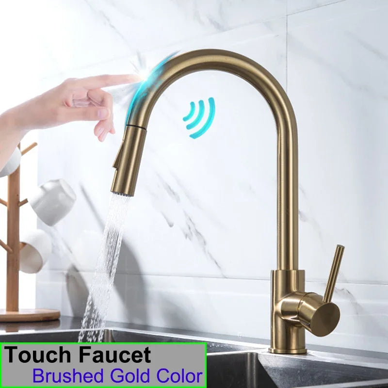 Brushed Nickel Touch on Filter Kitchen Faucet with Pull Down Sprayer Hot Cold Kitchen Sink Mixer Tap Sensor Touch Kitchen Faucet