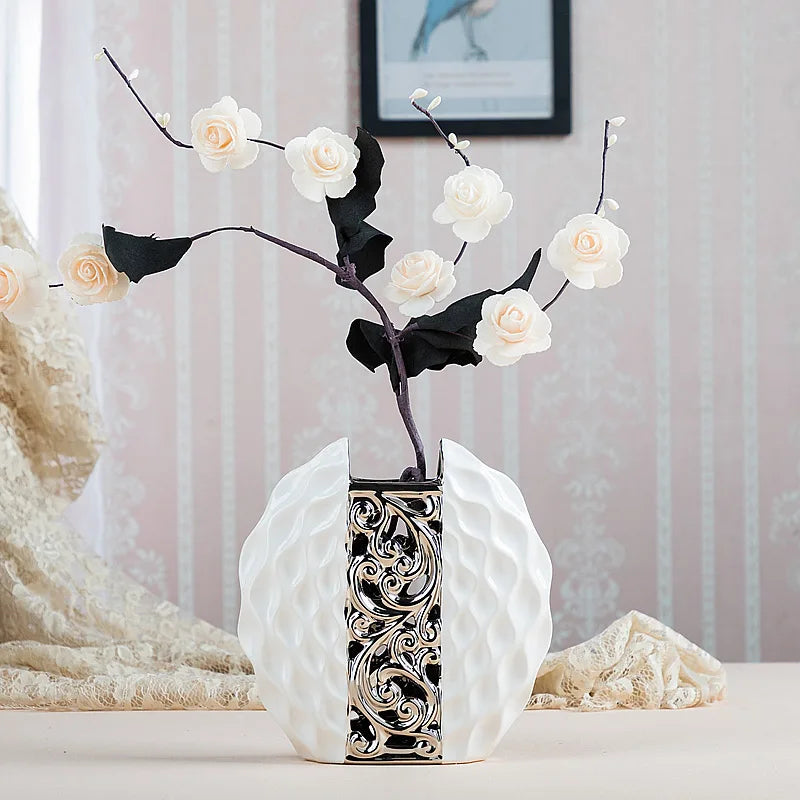 Modern simplicity Ceramic Vase Hand Inlaid Drill plating White/silver  Arrangement Flower Art Vases wedding home decoration