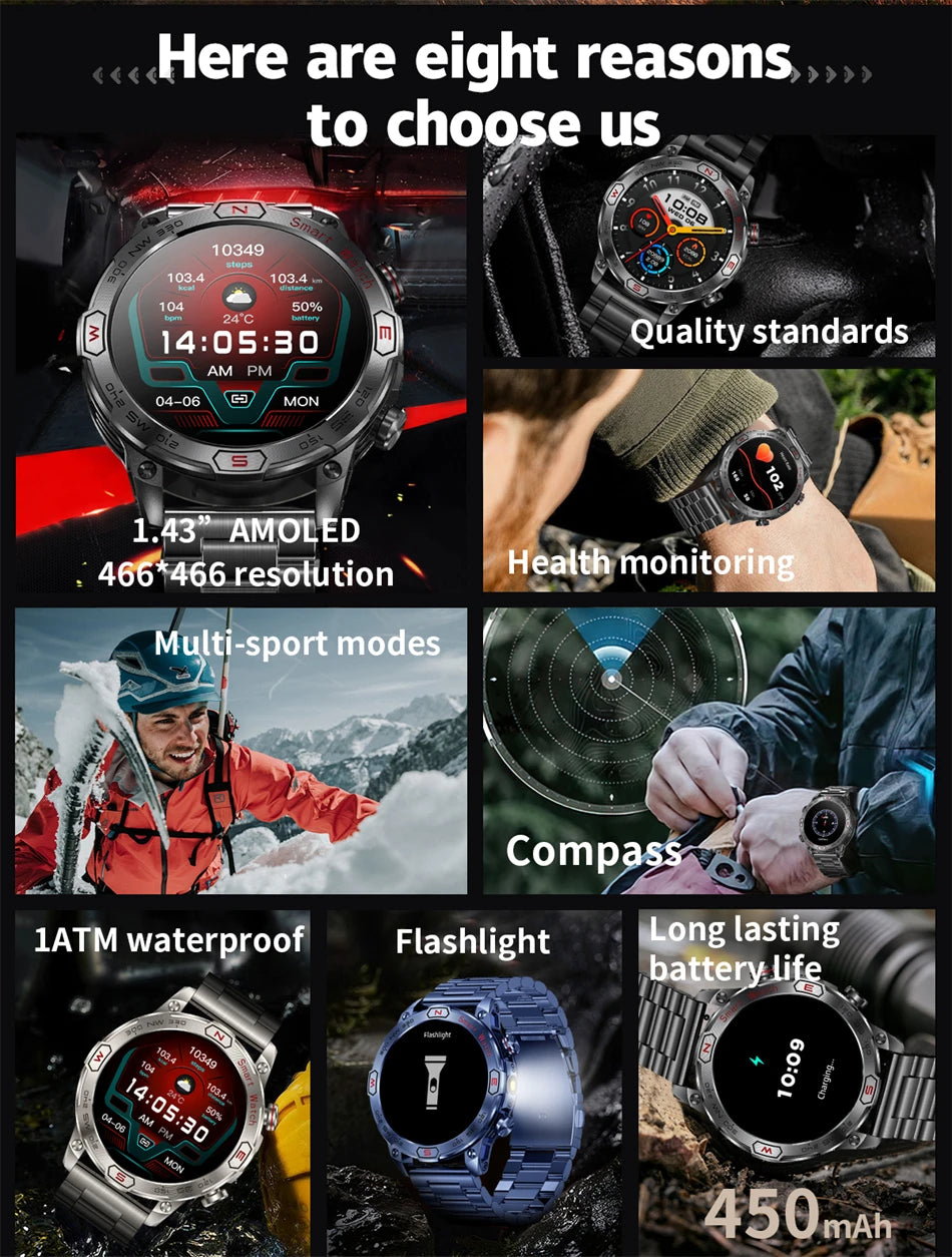 1 ATM Waterproof Smart Sport Watch Men With 450MAh Battery Health Monitoring Bluetooth Call Outdoor Compass Military Smart Watch