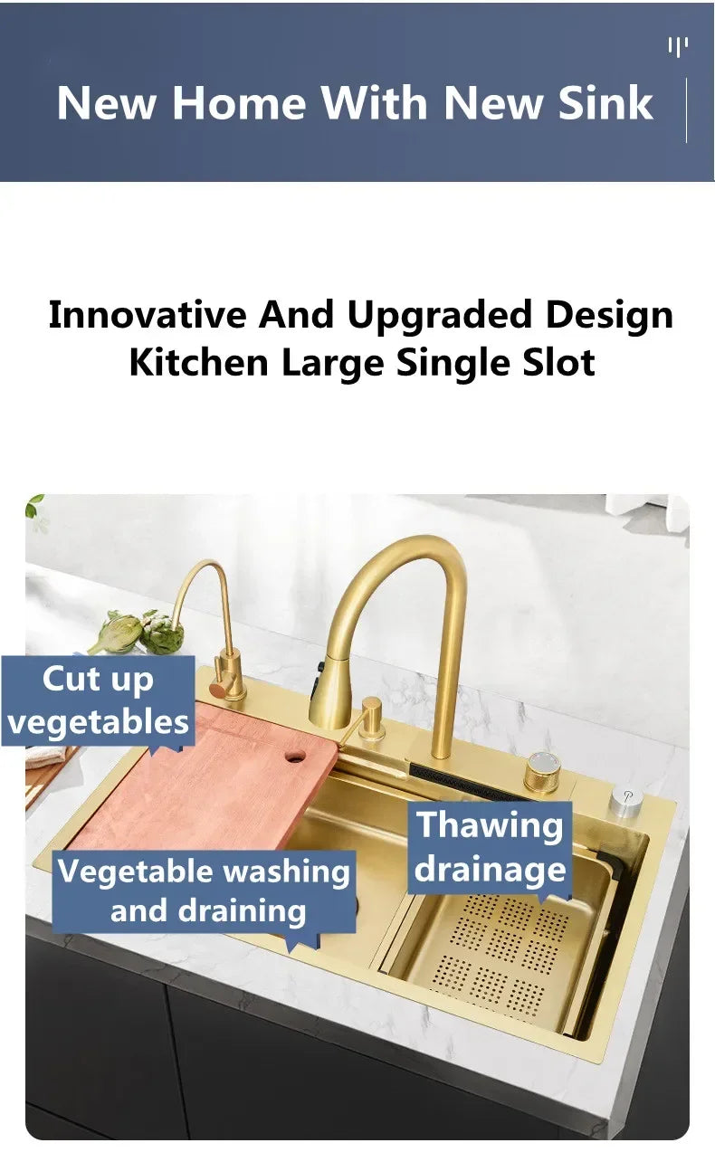 Gold 304 Stainless Steel kitchen Waterfall Sink,Washing Basin,Large Single Slot Sink Crockery Drainer Gourmet Faucet kitchen