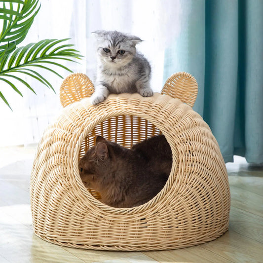 Cat Shaped Rattan Cat Bed Indoor Washable Kitten Nest Pet Semi-Closed Cage Small Cat Playing Sleeping Kennel Pet Supplies