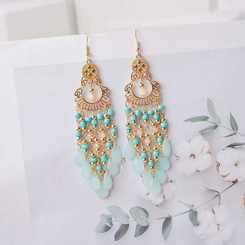 Bohemian Long Acrylic Waterdrop Tassel Earrings for Women Ethnic Multicolor Bead Drop Oil Handmade Dangle Earrings Boho Jewelry