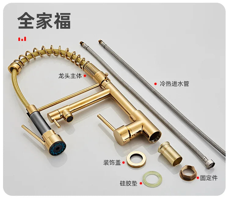 360 Rotatable Faucet Mixer Sink Brass Spring Water Kitchen Taps Gold Ceramic Modern Contemporary Single Handle