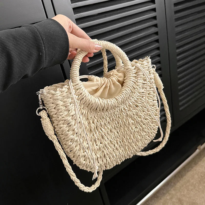 Handwoven Straw Rattan Half-Moon Beach Handbag Large Capacity Women Summer Hollow Out Crossbody Shoulder Bag