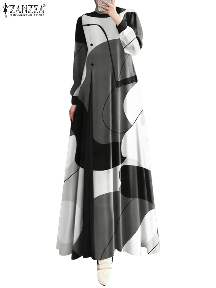 Autumn Women Long Sleeve Printed Robe Bohemain Maxi Dresses ZANZEA Muslim Abaya IsIamic Clothing Casual Loose Patchwork Vestidos