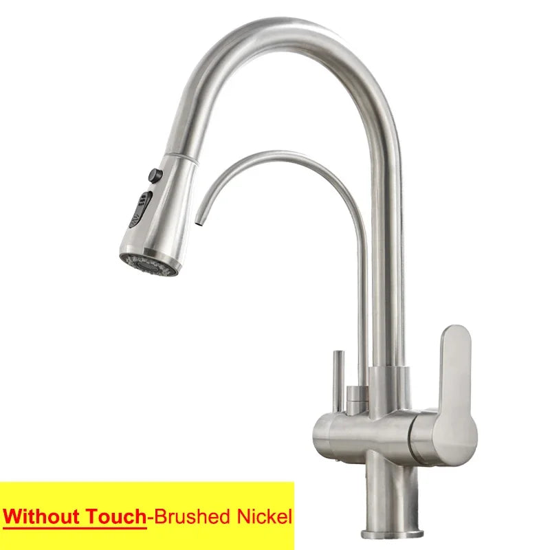 Brushed Nickel Touch on Filter Kitchen Faucet with Pull Down Sprayer Hot Cold Kitchen Sink Mixer Tap Sensor Touch Kitchen Faucet