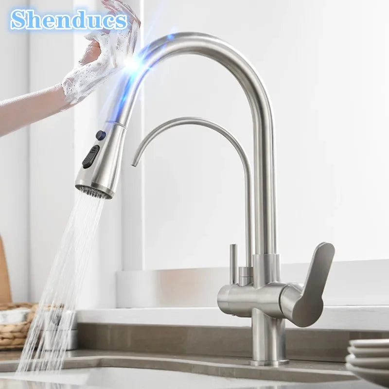 Brushed Nickel Touch on Filter Kitchen Faucet with Pull Down Sprayer Hot Cold Kitchen Sink Mixer Tap Sensor Touch Kitchen Faucet