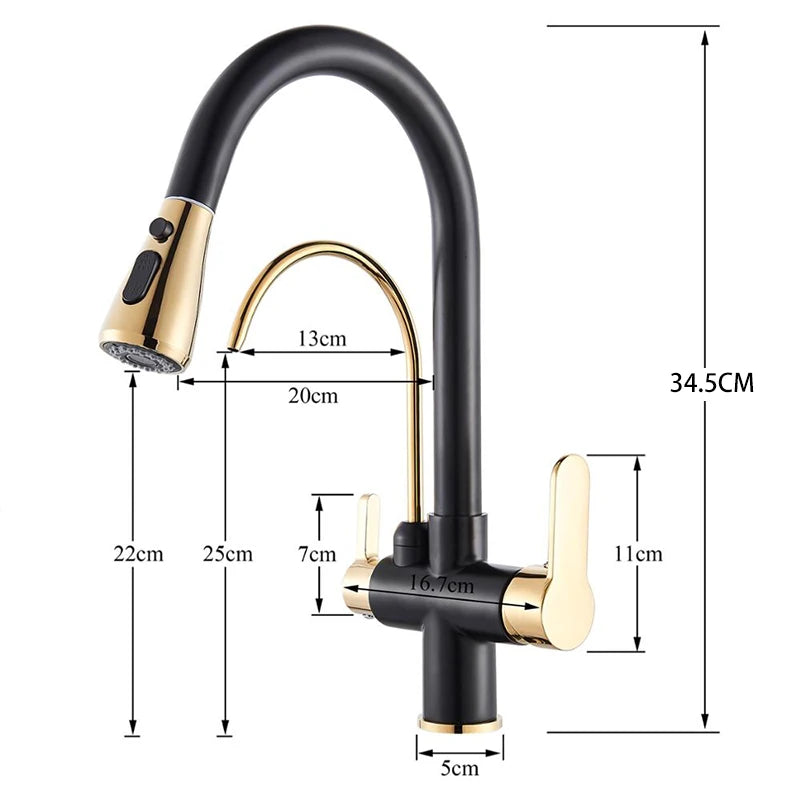 Gold Purify Water Kitchen Faucet Deck Mounted Dual Handle Faucet Purification Kitchen Sink Faucet 2 Swivel Spout Water Mixer Tap