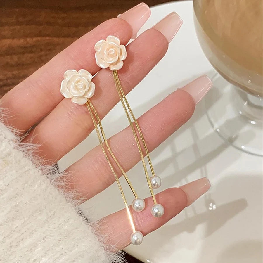 Obega Korean White Flower Imitation Pearl Stud Earrings Gold Color Tassel Super Fairy Long Earrings Girls Gift Bridal Jewelry