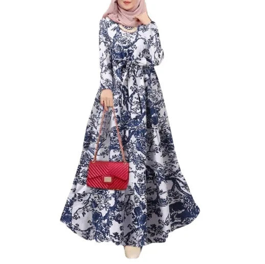 Women dress Eid Muslim Dresses Long Sleeve O Neck Dubai Abaya Print Long Robe Patchwork Kaftan Casual Abayas Ramadan Morocco