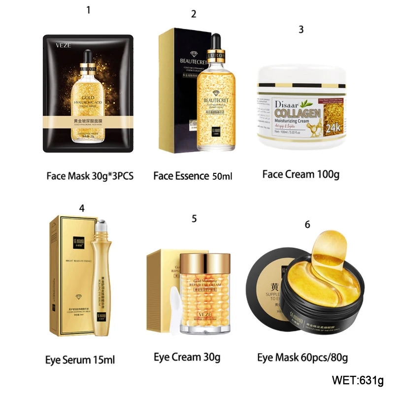 24K Gold Skincare Set Nicotinamide Face Essence Fade Dark Eye Circles Collagen Eye Cream Firming Skin Eye Mask Face Care Kit