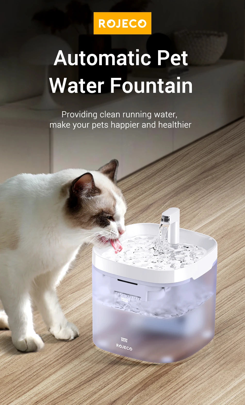 ROJECO Smart Cat Water Fountain Automatic Pet Water Dispenser For Cats Dog Drinking Purifier Fountain with Recirculate Filters