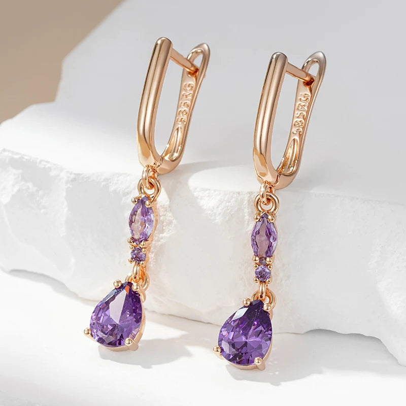 Wbmqda Luxury Fashion Purple Long Drop Earrings For Women 585 Rose Gold Color Elegant Wedding Party Fine Jewelry Accessories