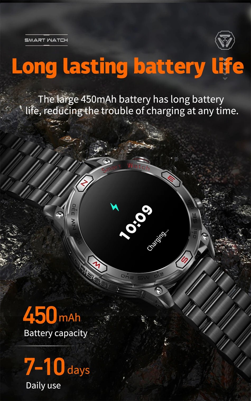 1 ATM Waterproof Smart Sport Watch Men With 450MAh Battery Health Monitoring Bluetooth Call Outdoor Compass Military Smart Watch