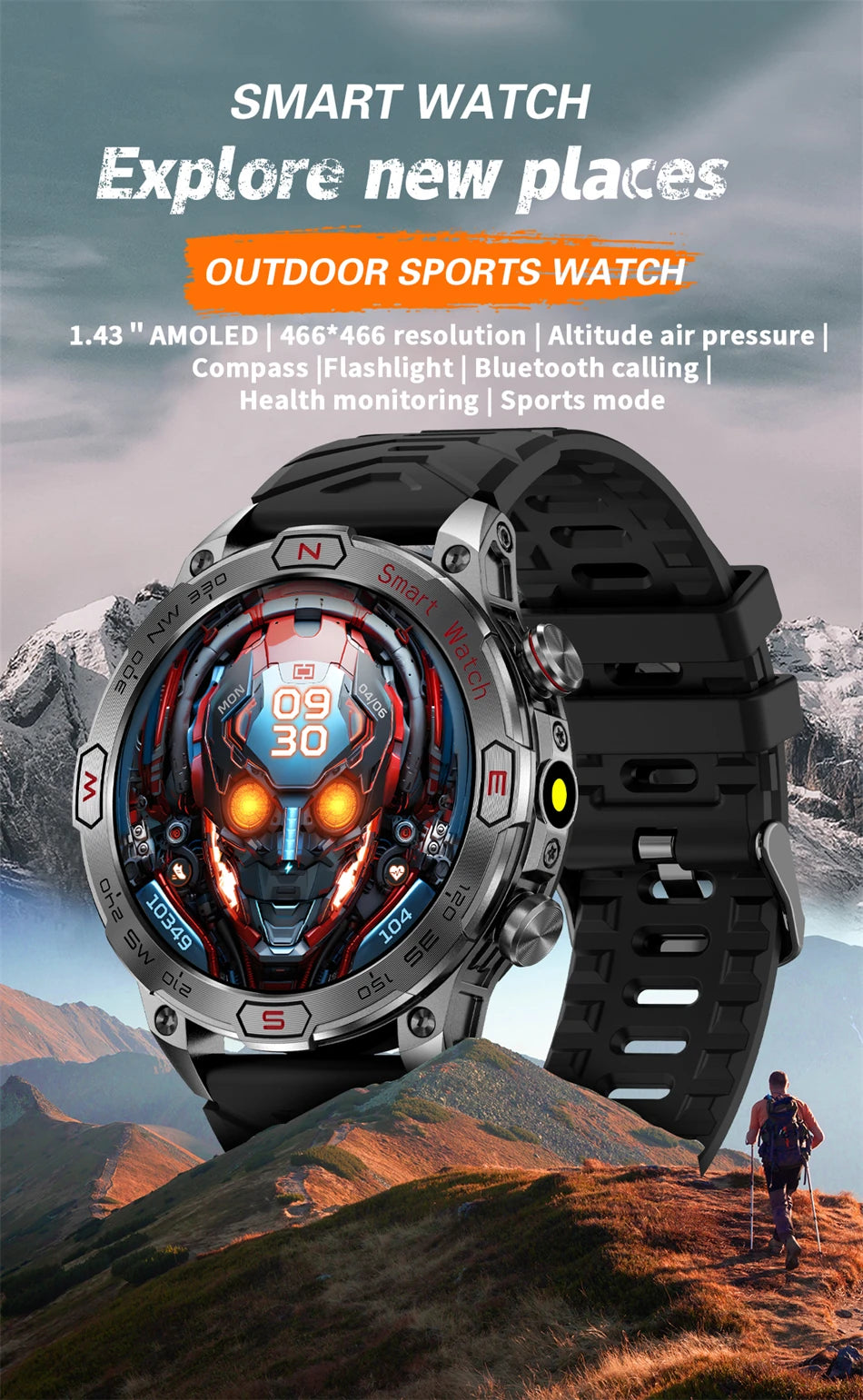 1 ATM Waterproof Smart Sport Watch Men With 450MAh Battery Health Monitoring Bluetooth Call Outdoor Compass Military Smart Watch