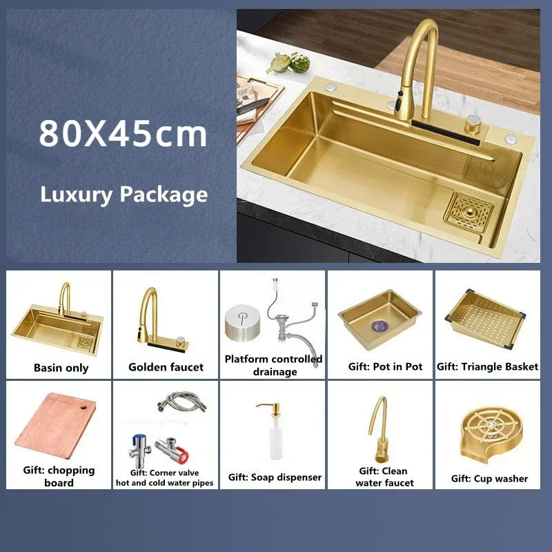 Gold 304 Stainless Steel kitchen Waterfall Sink,Washing Basin,Large Single Slot Sink Crockery Drainer Gourmet Faucet kitchen