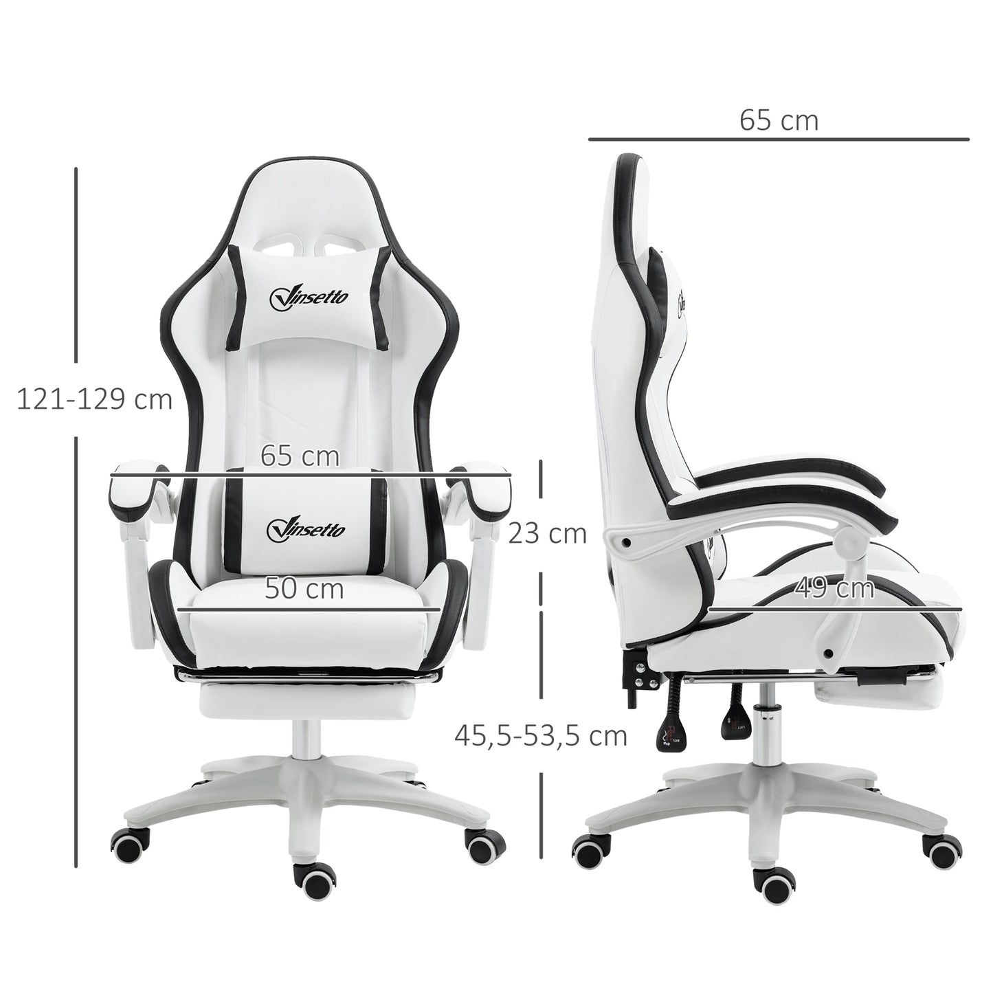 Vinsetto Gaming chair 135 ° adjustable height adjustable PU leather stand-back chair and retractable office studio footrest headrest 65x65x121-129 cm White