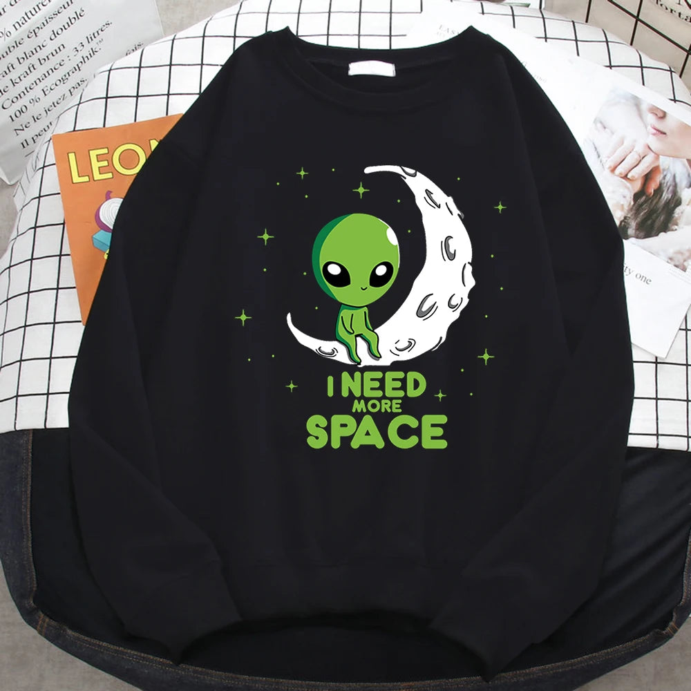 Casual Kawaii Women Sweatshirts I Need More Space Green Alien Print Hoodie Loose Warm Pullover Soft Fleece Ladies Streetwear