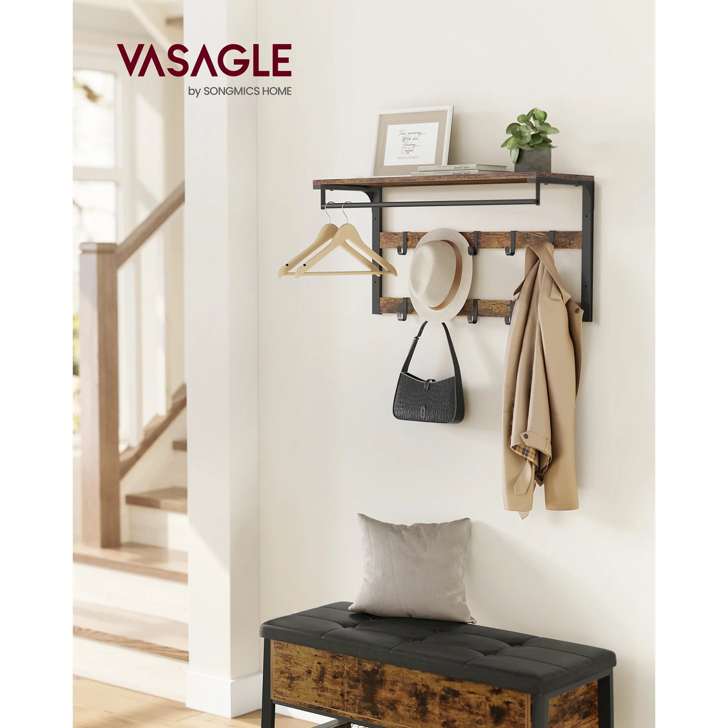 VASAGLE Wall-Mounted Coat Rack: Shelf with 10 Hooks, Clothes Rail. Ideal for Entryway, Bedroom, Bathroom. Rustic Brown/Black.