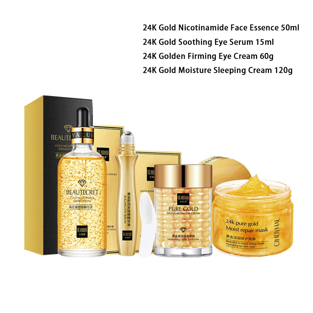 24K Gold Skincare Set Nicotinamide Face Essence Fade Dark Eye Circles Collagen Eye Cream Firming Skin Eye Mask Face Care Kit