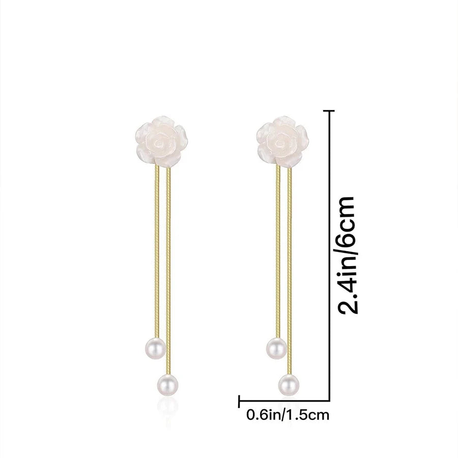 Obega Korean White Flower Imitation Pearl Stud Earrings Gold Color Tassel Super Fairy Long Earrings Girls Gift Bridal Jewelry